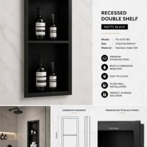 Matt Black recessed double bathroom shelf by Futura made of stainless steel with flush wall installation