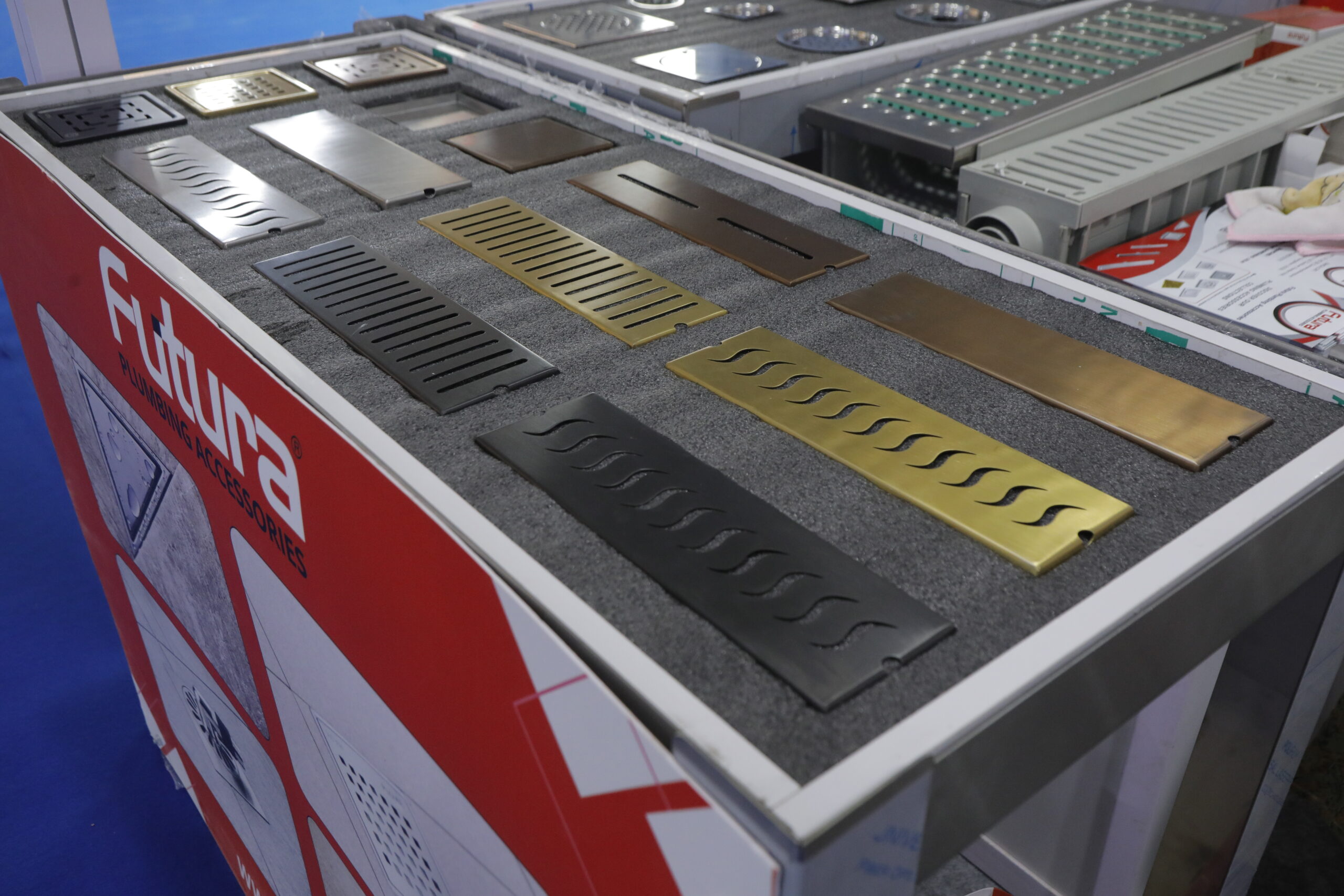 Linear floor drain covers stainless steel black gold India PLUMBEX 2026 Futura plumbing accessories