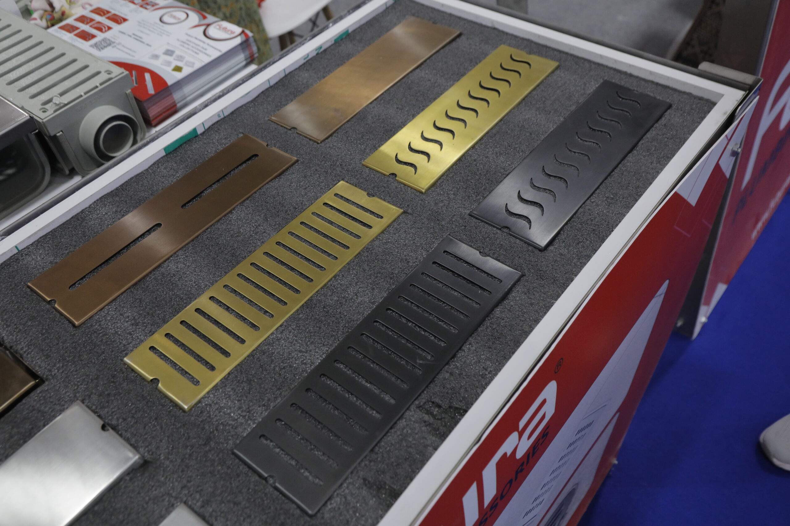 Decorative linear drain covers stainless steel gold black India Futura plumbing exhibition