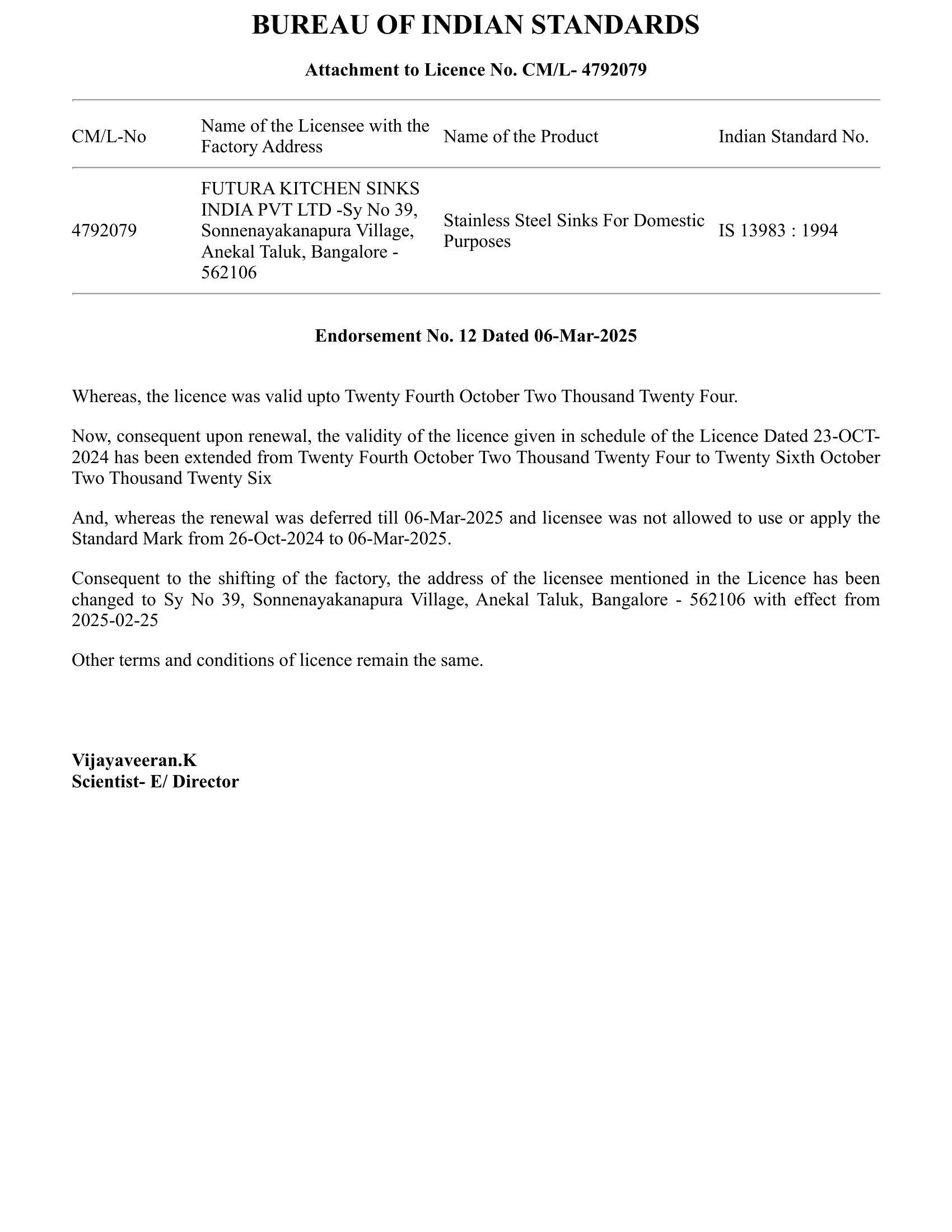 Futura Kitchen Sinks BIS License Certificate CM/L-4792079 for Stainless Steel Sinks for Domestic Purposes IS 13983:1994 — valid until October 2026